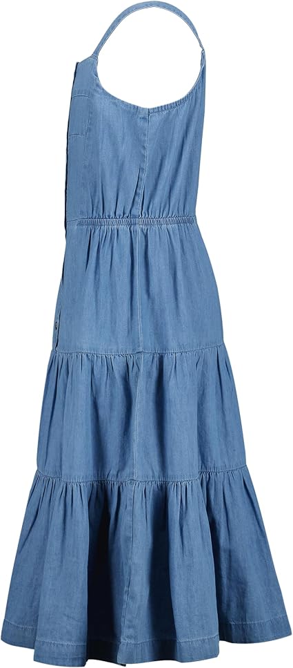Nexore Girls’ Premium Denim Tiered Dress – Sleeveless Button-Front A-Line Dress with Comfortable Waist Fit