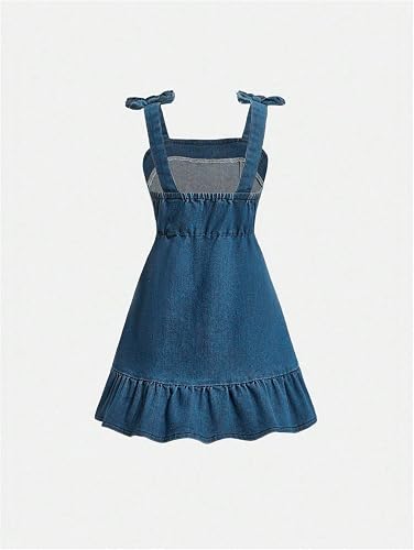 Nexore Girls’ Premium Denim Dress – Sleeveless Bow-Strap A-Line Dress with Ruffled Hem