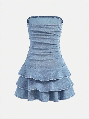 Nexore Girls’ Premium Denim Ruffle Dress – Strapless Ruched Mini Dress with Layered Skirt & Bow Details