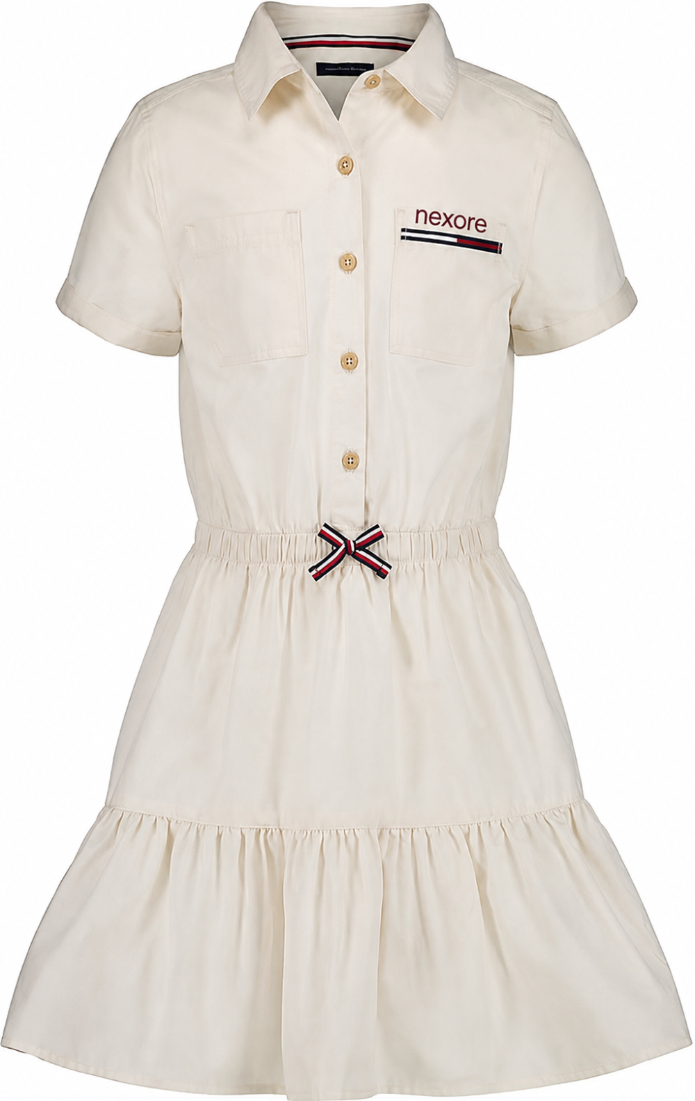 Nexore Girls’ Premium Cotton Shirt Dress – Elegant Short-Sleeve Button-Down Tiered Dress with Waist Bow