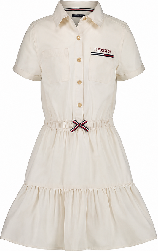 Nexore Girls’ Premium Cotton Shirt Dress – Elegant Short-Sleeve Button-Down Tiered Dress with Waist Bow