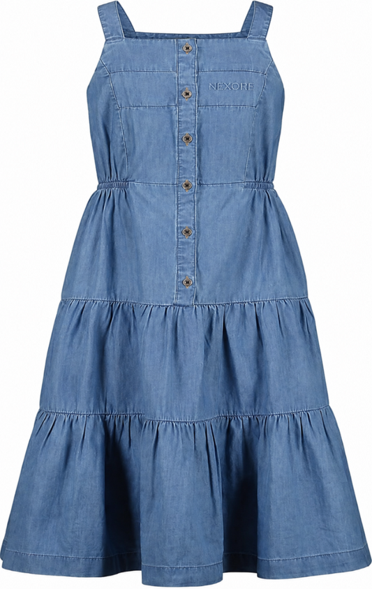 Nexore Girls’ Premium Denim Tiered Dress – Sleeveless Button-Front A-Line Dress with Comfortable Waist Fit
