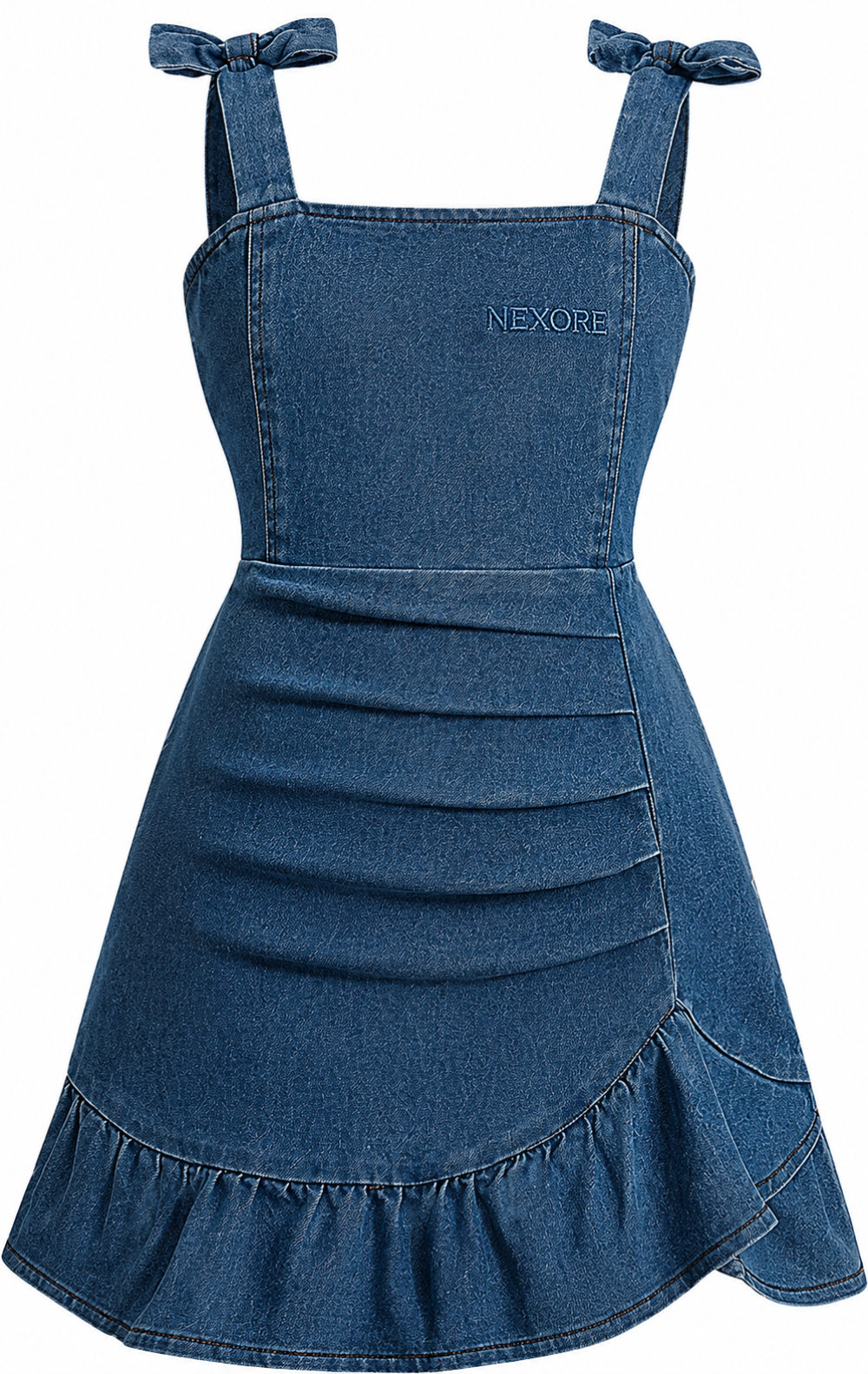 Nexore Girls’ Premium Denim Dress – Sleeveless Bow-Strap A-Line Dress with Ruffled Hem