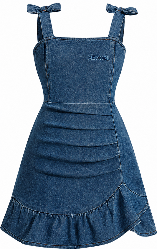 Nexore Girls’ Premium Denim Dress – Sleeveless Bow-Strap A-Line Dress with Ruffled Hem