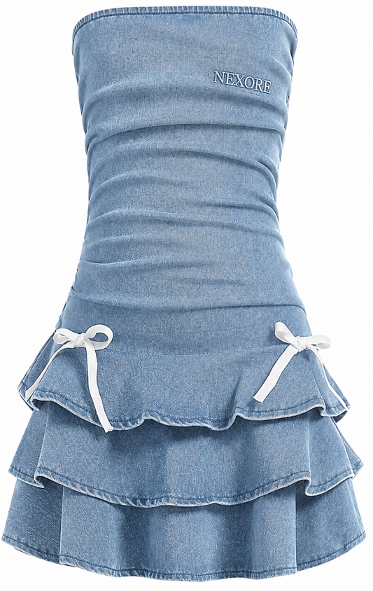 Nexore Girls’ Premium Denim Ruffle Dress – Strapless Ruched Mini Dress with Layered Skirt & Bow Details