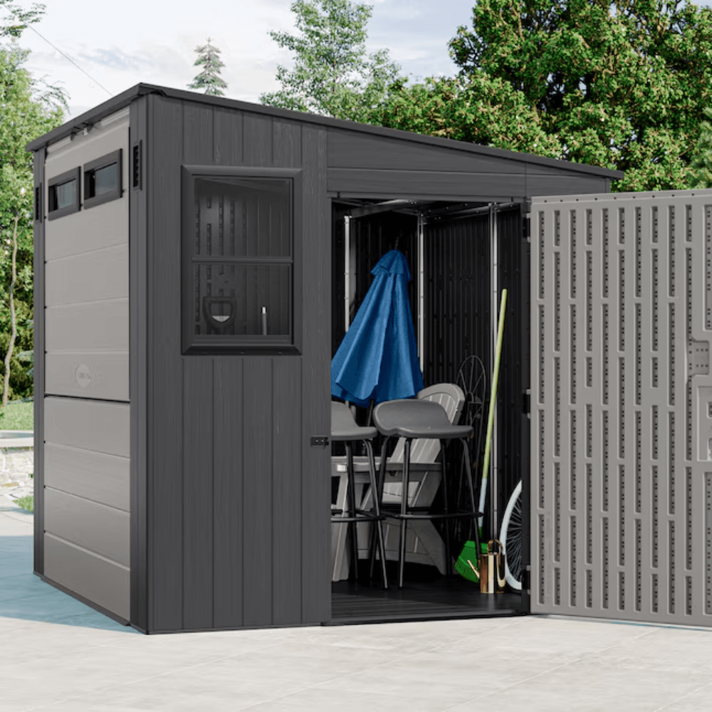 Suncast Cabana Entertainment Shed 8 ft. x 7 ft. Resin Storage Shed (Floor Included)